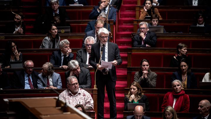 Le député Hubert Julien-Laferrière prend la parole lors d’une séance de questions au gouvernement à l’Assemblée nationale, Paris, le 15 novembre 2022. (ARTHUR NICHOLAS ORCHARD / HANS LUCAS / AFP)