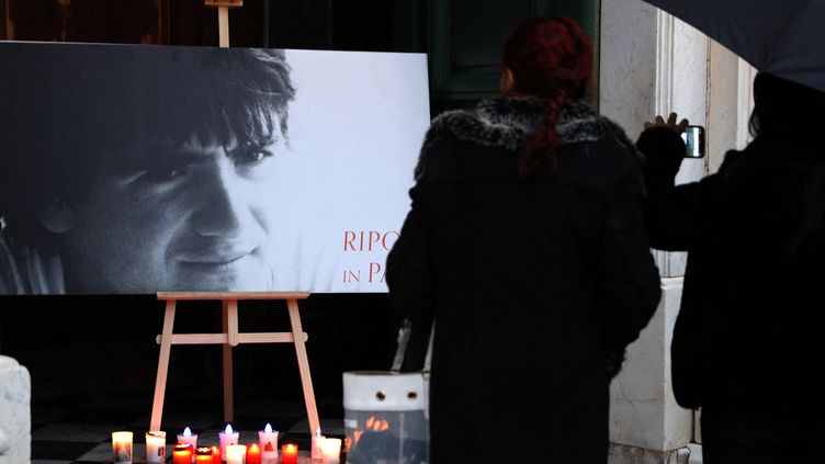 A portrait of Yvan Colonna presented in the cathedral of Ajaccio, March 2, 2023. (PASCAL POCHARD-CASABIANCA / AFP)