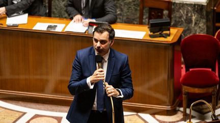 Le ministre du Budget, Laurent Saint-Martin, à l'Assemblée, le 12 novembre 2024. (TELMO PINTO / NURPHOTO / AFP)