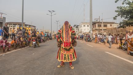 A Porto-Novo, un danseur a revêtu le costume des revenants appelés Egungun lors du traditionnel défilé du 10 janvier célébrant la culture vodoun.&nbsp; &nbsp; (YANICK FOLLY / AFP)