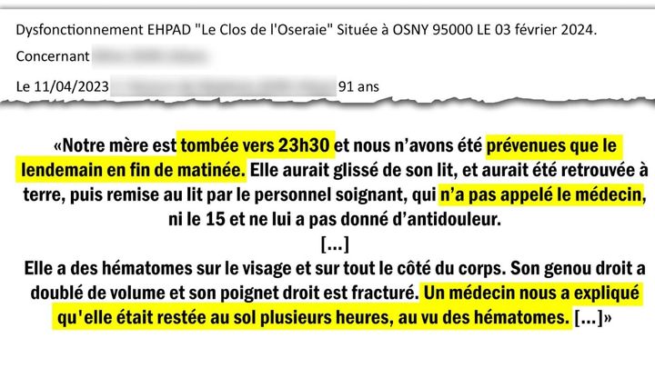 Extraits d'un courrier rédigé par la famille d'une résidente de l'Ehpad Le Clos de l'Oseraie, à Osny, le 3 février 2024. (CELLULE INVESTIGATION DE RADIO FRANCE)