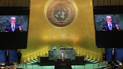 Benjamin Netanyahu à la tribune de l'ONU, le vendredi 27 septembre 2024. (MICHAEL M. SANTIAGO / GETTY IMAGES NORTH AMERICA)