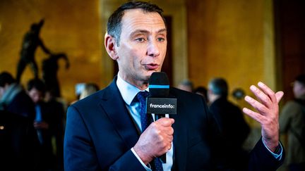 Le député du Rassemblement national Laurent Jacobelli, à l'Assemblée nationale (Paris), le 16 mars 2023. (AMAURY CORNU / HANS LUCAS / AFP)