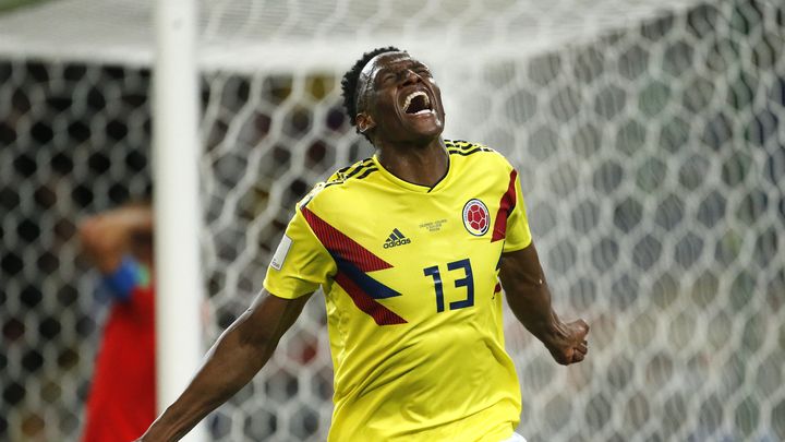 Yerry Mina lors du huitième de finale de Coupe du monde entre la Colombie et l'Angleterre, le 3 juillet 2018 à Moscou. (ANDRES PINA/AFP)