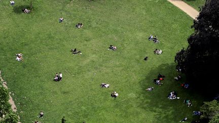 Des gens sont &eacute;tendus sur la pelouse d'un parc parisien le 6 juin 2016, un jour ensoleill&eacute;. (JACQUES DEMARTHON / AFP)