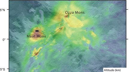 Image de cette étude sur la planète Vénus. Les couleurs indiquent les reliefs plus élevés mesurés par l'altimètre de la mission Magellan. La couleur orange ocre indique 8km d'altitude. (SCIENCE MAGAZINE)