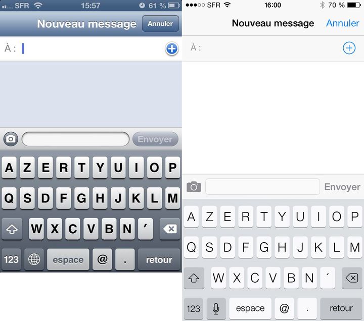 A gauche, l'iOS 6. A droite, l'iOS 7. ( FRANCETV INFO)