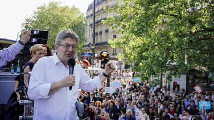 Jean-Luc Mélenchon lors de la Fête à Macron organisée par La France insoumise, le 5 mai 2018, à Paris. (MARIE MAGNIN / HANS LUCAS / AFP)