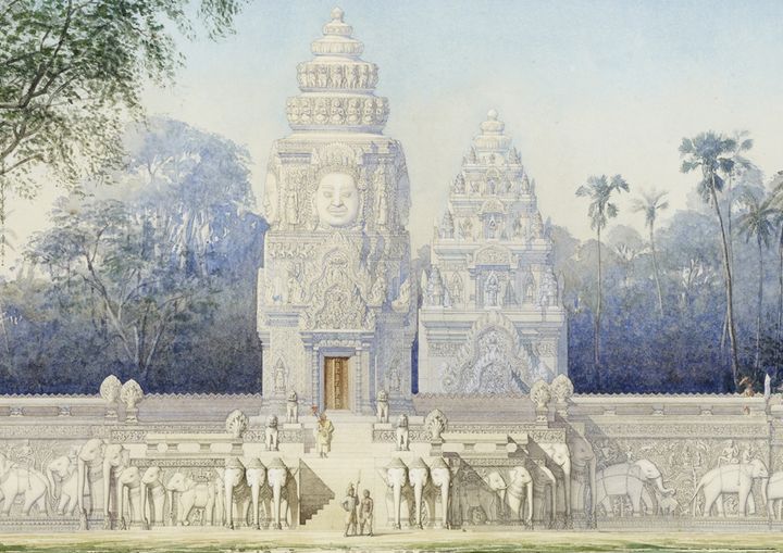 Vue (quelque peu idéalisée...) du perron sud de la terrasse des Eléphants à Angkor, par Louis Delaporte. Mine graphite, aquarelle, rehauts de blanc et de peinture dorée sur papier vélin.
 (D.R.)