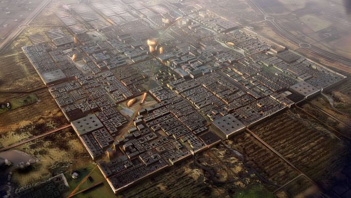 Une représentation aérienne de "Masdar City", alors à l'état de projet, présentée par le cabinet d'architecture du Britannique Norman Foster, le 5 juin 2007. (WENN / SIPA)