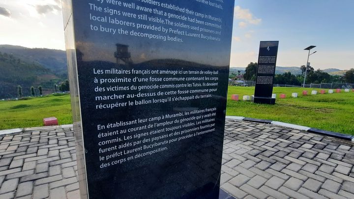 One of the steles of the Murambi memorial, which evokes the French soldiers.  (SANDRINE ETOA-ANDEGUE / RADIO FRANCE)