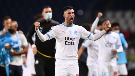 Alvaro Gonzalez fête la victoire de l'OM sur le PSG le 13 septembre 2020 au Parc des Princes à Paris. (FRANCK FIFE / AFP)