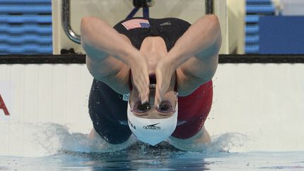 La nageuse Missy Franklin lors du d&eacute;part du 200 m dos, le 2 ao&ucirc;t 2013 &agrave; Barcelone.&nbsp; (LLUIS GENE / AFP)