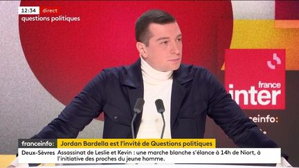 Jordan Bardella, le président du Rassemblement national, invité de Questions politiques le dimanche 12 mars 2023. (FRANCEINFO)