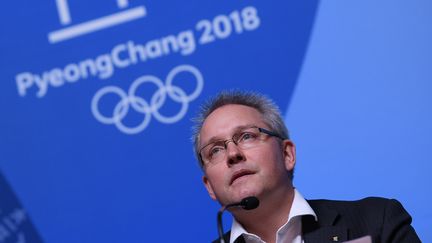 Le secrétaire général du Tribunal arbitral du sport, Matthieu Reeb, donne une conférence de presse à Pyeongchang (Corée du Sud), le 9 février 2018. (ALEXEY FILIPPOV / SPUTNIK / AFP)