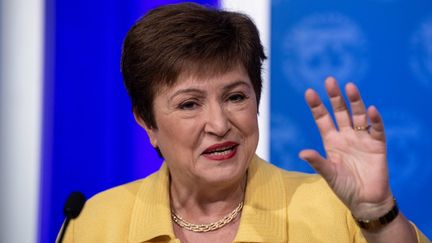 La patronne du&nbsp;Fonds monétaire international, Kristalina Georgieva, lors d'une conférence de presse sur la crise du coronavirus à Washington (Etats-Unis), le 4 mars 2020.&nbsp; (NICHOLAS KAMM / AFP)