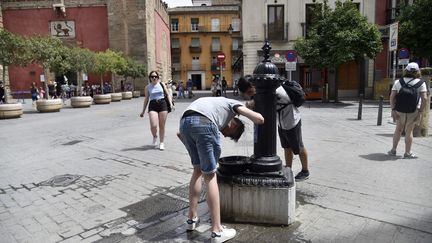 Des personnes se mouillent la tête pendant une vague de chaleur, le 13 juin 2022, à Séville (Espagne). (CRISTINA QUICLER / AFP)