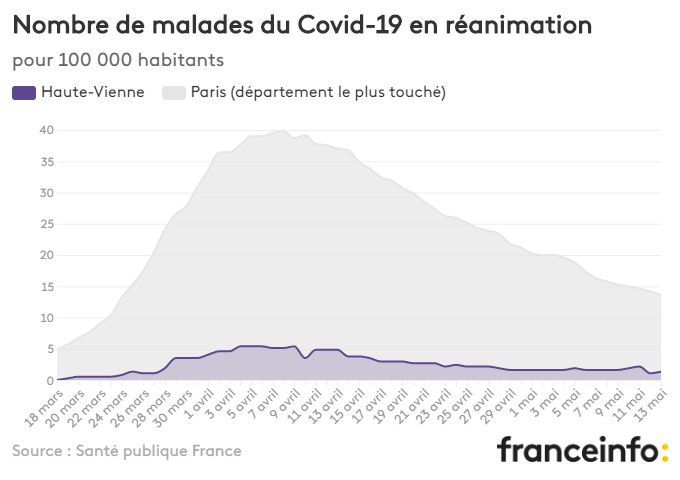 Nombre de malades du Covid-19 en réanimation pour 100 000 habitants. (FRANCEINFO)