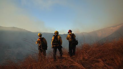 Les pompiers prennent position pour lutter contre l'incendie dans le quartier de Woodland Hills à Los Angeles (Californie, Etats-Unis), le 9 janvier 2025. (ALLISON DINNER / EPA)