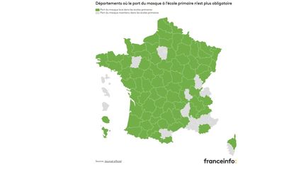 La carte des départements où l'obligation du port du masque à l'école a été levée.&nbsp; (FRANCEINFO)