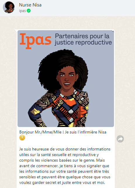 Disponible gratuitement sur WhatsApp en trois langues (anglais, français et swahili), même sans connexion internet, le chatbot Nurse Nisa permet de poser des questions sur la contraception ou les violences de genre. (CAPTURE D'ECRAN WHATSAPP)