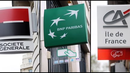 Les logos de la Soci&eacute;t&eacute; g&eacute;n&eacute;rale, de BNP Paribas et de Cr&eacute;dit agricole. (MICHEL GANGNE / AFP)