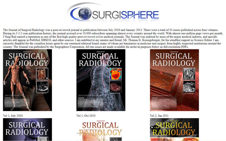 Capture d'écran de la page du site de Surgisphere présentant ses anciennes revues médicales, le 5 juin 2020 (SURGISPHERE)