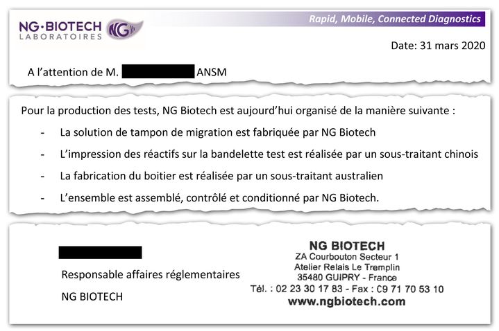 Extrait d’un courrier de la société NG Biotech à l’ANSM. (NG BIOTECH)