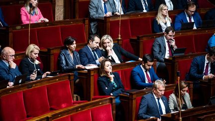 Plusieurs députés dans l'Hémicycle, le 3 octobre 2022, à l'occasion de la rentrée parlementaire à l'Assemblée nationale, à Paris.&nbsp; (XOSE BOUZAS / HANS LUCAS / AFP)