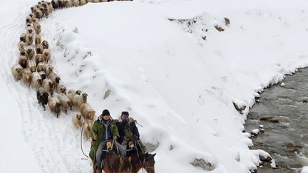 Des Kazakh en pleine transhumance hivernale &agrave; Yili (Chine), le 12 mars 2015. ( CHINA DAILY / REUTERS)