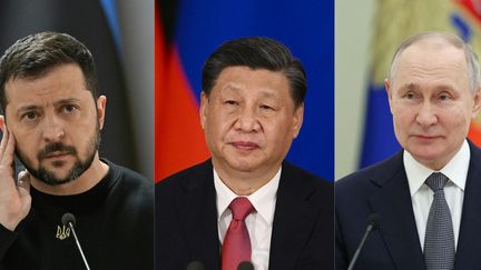 De gauche à droite : Volodymyr Zelensky, Xi Jinping et Vladimir Poutine. (AFP / SPUTNIK)