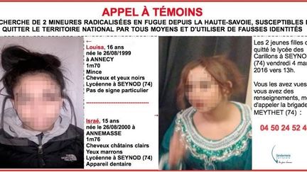 L'appel à témoins lancé par la gendarmerie, le 5 mars 2016, pour retrouver deux adolescentes soupçonnées de vouloir partir en Syrie. (GENDARMERIE NATIONALE)