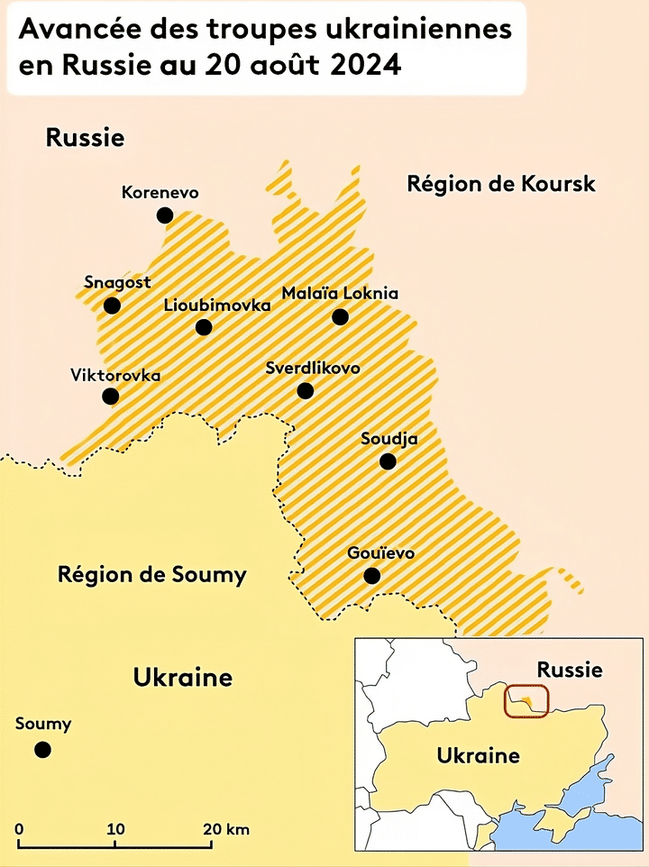 La progression des forces armées ukrainiennes dans la région russe de Koursk (zone hachurée) au 20 août 2024, documentée par l'Institute for the Study of War. (HELOISE KROB / FRANCEINFO)