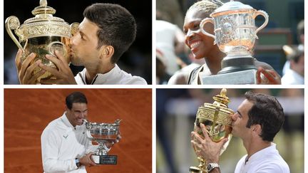 Novak Djokovic en 2019 lors de son titre à Wimbledon; Serena Williams lors de son titre à Roland-Garros en 2002; treizième trophée pour Rafael Nadal à Roland-Garros en 2020; sacre de Roger Federer à Wimbledon en 2017. 