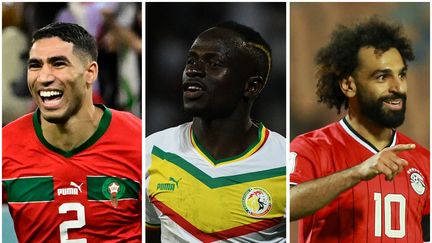 Achraf Hakimi avec le Maroc, Sadio Mané avec le Sénégal et Mohamed Salah avec l'Egypte seront à suivre lors de la CAN 2024 en Côte d'Ivoire. (AFP)