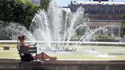 Une femme s'expose au soleil dans les jardins du Palais Royal &agrave; Paris, le 30 juin 2015. (CAROLINE GARDIN / AFP)