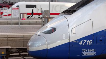 Deux trains à grande vitesse à la gare de Munich (Allemagne), le 16 juin 2014 : au premier plan, un&nbsp;TGV fabriqué par Alstom, à l'arrière plan, un ICE fabriqué par Siemens. (LUKAS BARTH / REUTERS)