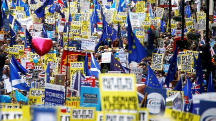 Des partisans d'un maintien du Royuame-Uni dans l'Union européenne manifestent à Londres (Royaume-Uni), le 23 mars 2019. (HENRY NICHOLLS / REUTERS)