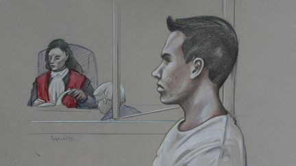 Dessin de Luka Rocco&nbsp;Magnotta dans le box des accus&eacute;s,&nbsp;lors des audiences pr&eacute;liminaires &agrave; son proc&egrave;s, le 11 mars 2013 &agrave; Montr&eacute;al (Canada). ( REUTERS)