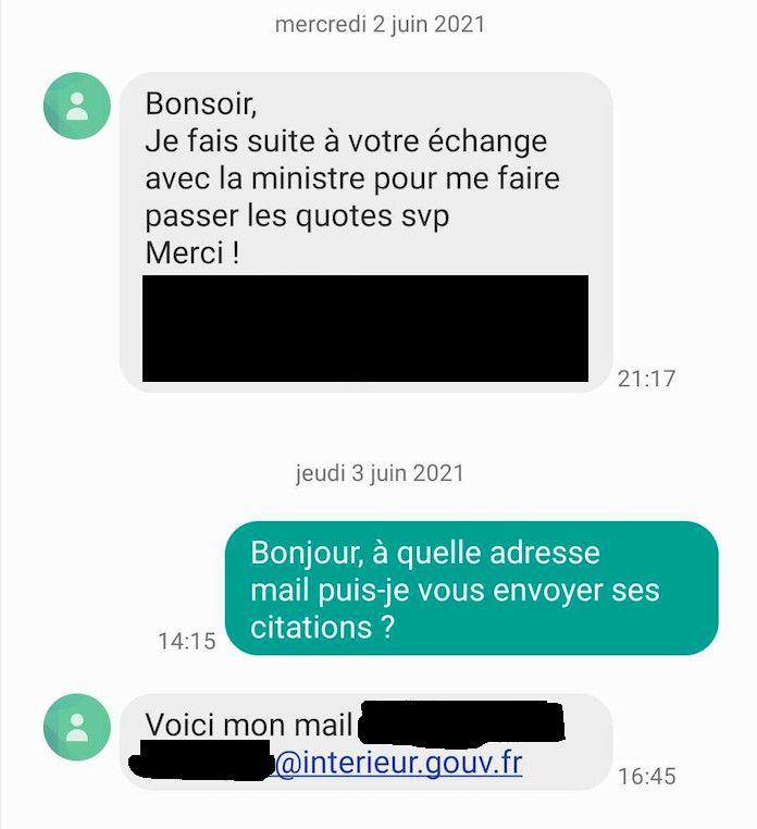 Echanges entre franceinfo et la conseillère presse de Marlène Schiappa.&nbsp; (CAPTURE FRANCEINFO)