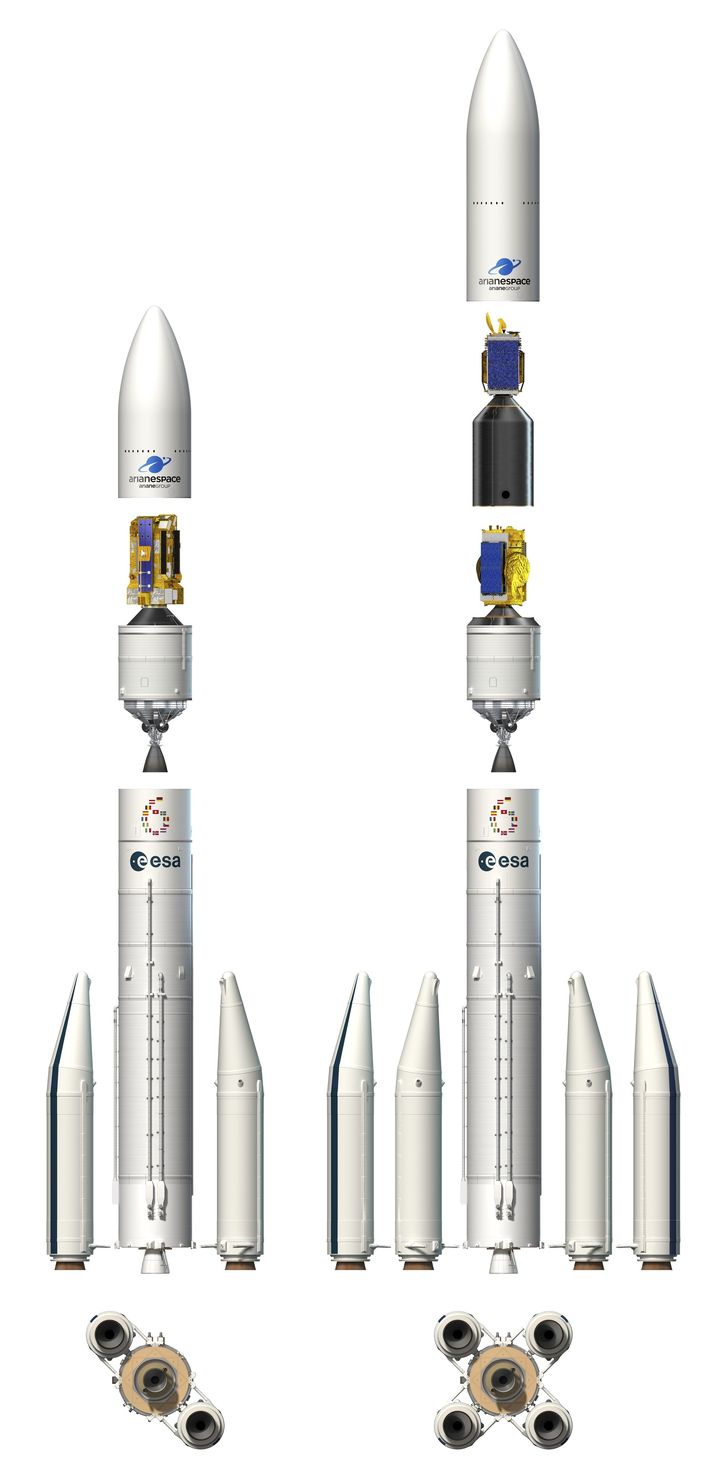 Illustration d'une fusée Ariane 6 version 62, avec deux boosters (à gauche) et d'une version 64, avec quatre boosters (à droite). (D. DUCROS / ESA)