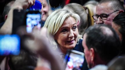 La présidente du Rassemblement national Marine Le Pen lors d'un meeting le 16 mai 2019 à Fessenheim (Haut-Rhin) (FREDERICK FLORIN / AFP)