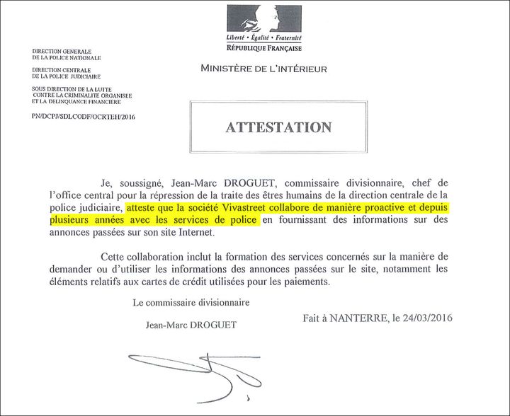 Attestation du chef de&nbsp;l'OCRTEH. (DR)