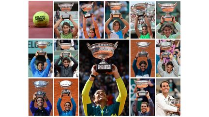 Les 14 victoires de Rafael Nadal à Roland-Garros (2005, 2006, 2007, 2008, 2010, 2011, 2012, 2013, 2014, 2017, 2018, 2019, 2020 et 2022). (AFP)