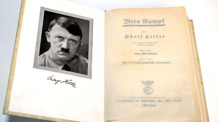 Une copie de la premi&egrave;re &eacute;dition de "Mein Kampf" d'Hitler. (MARCUS FUHRER / DPA / AFP)