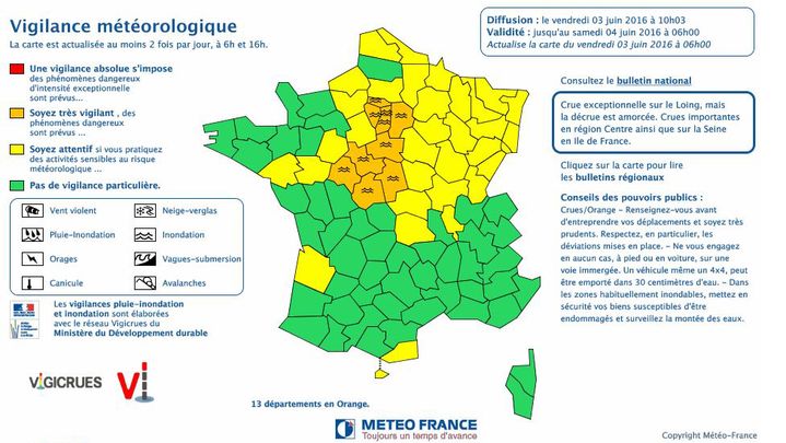 &nbsp; (L'alerte rouge a été levée en Seine-et-Marne, qui reste en orange ©Météo France)