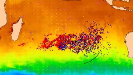 Capture d'&eacute;cran d'une vid&eacute;o de l'Agence australienne pour la science (CSIRO) simulant la d&eacute;rive des d&eacute;bris du MH370.&nbsp; (CSIRO / YOUTUBE)