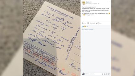 Une mystérieuse carte postale reçue par une coiffeuse d'Albi et diffusée par l'intéressée sur sa page Facebook, le 16 novembre 2017. (FACEBOOK)