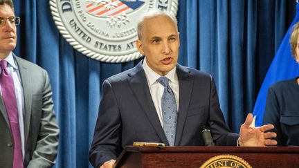 Matt Olsen, Deputy Attorney General for National Security, speaks during a press conference after Jack Teixeira pleaded guilty on March 4, 2024, in Boston (United States).  (Joseph Prezioso/AFP)