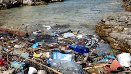 Des déchets plastiques sur une crique de l'île de croate de Lastovo, en septembre 2014. (ROLF HAID / DPA / AFP)